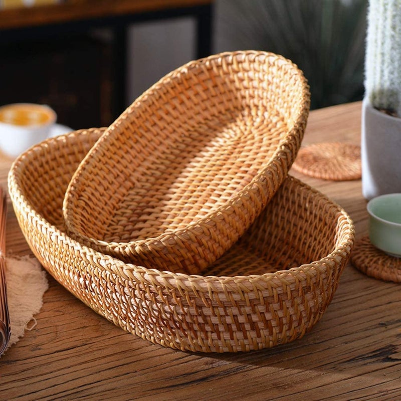 i-lan Set of 2 Oval Rattan Bread Baskets, 13 Inch Handwoven Wicker Basket Long with 2.7â€ Wall, Decorative Narrow Serving Basket Boho Bowl for Fruit, Food, Snack, Brown, 2-size:S+L - Image 4